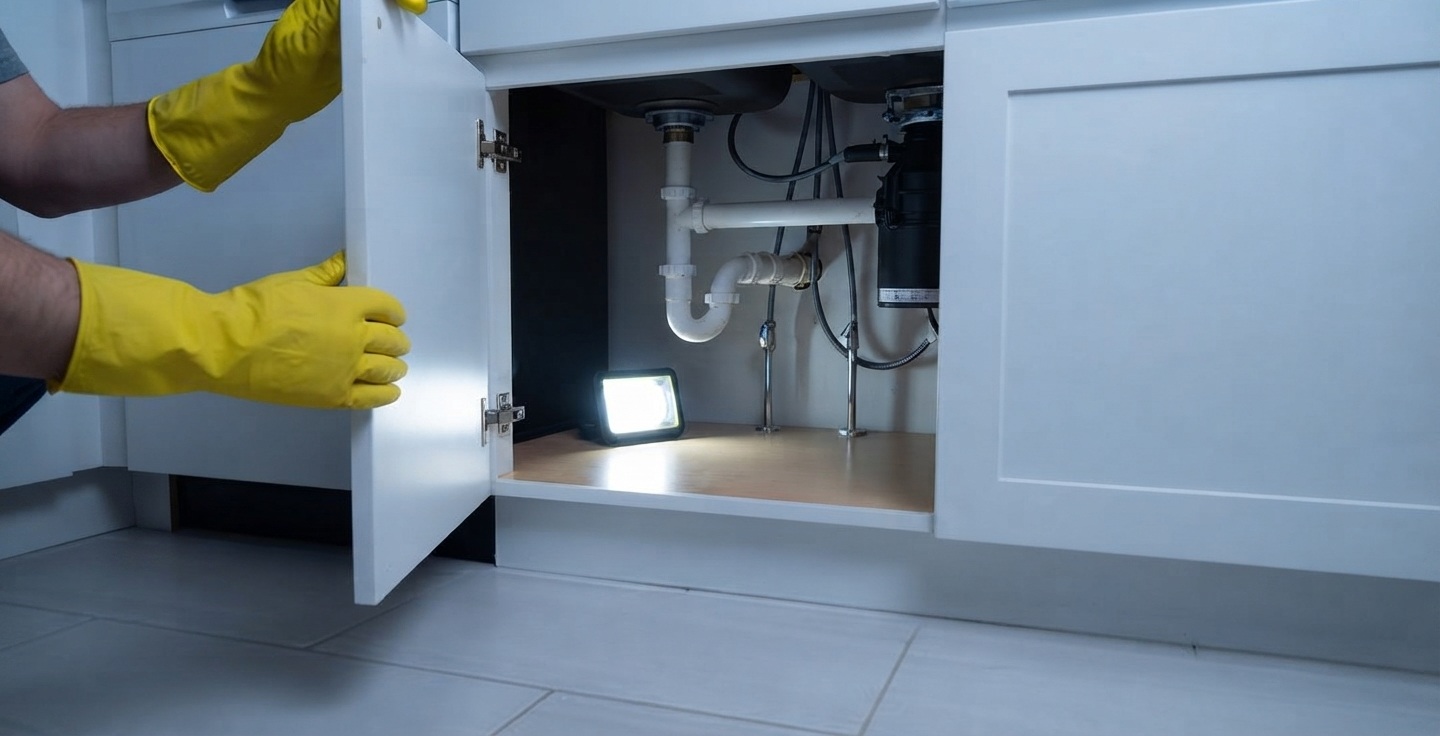 Professionnel inspectant avec une lampe torche les points d'entrée potentiels des rongeurs dans un sous-sol de maison française