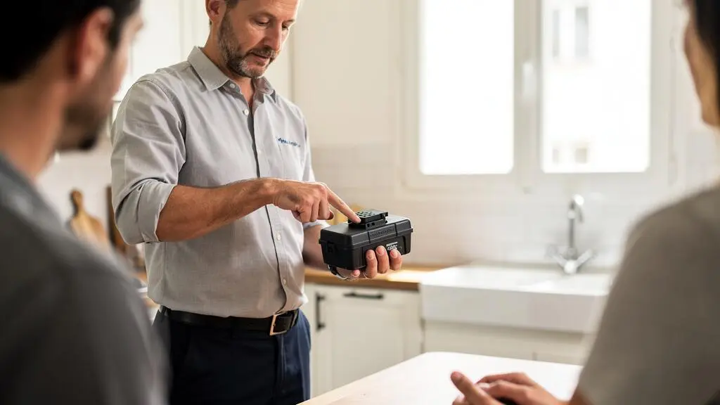 Professionnel de la dératisation expliquant le fonctionnement d'un poste d'appâtage verrouillé à un propriétaire dans une cuisine