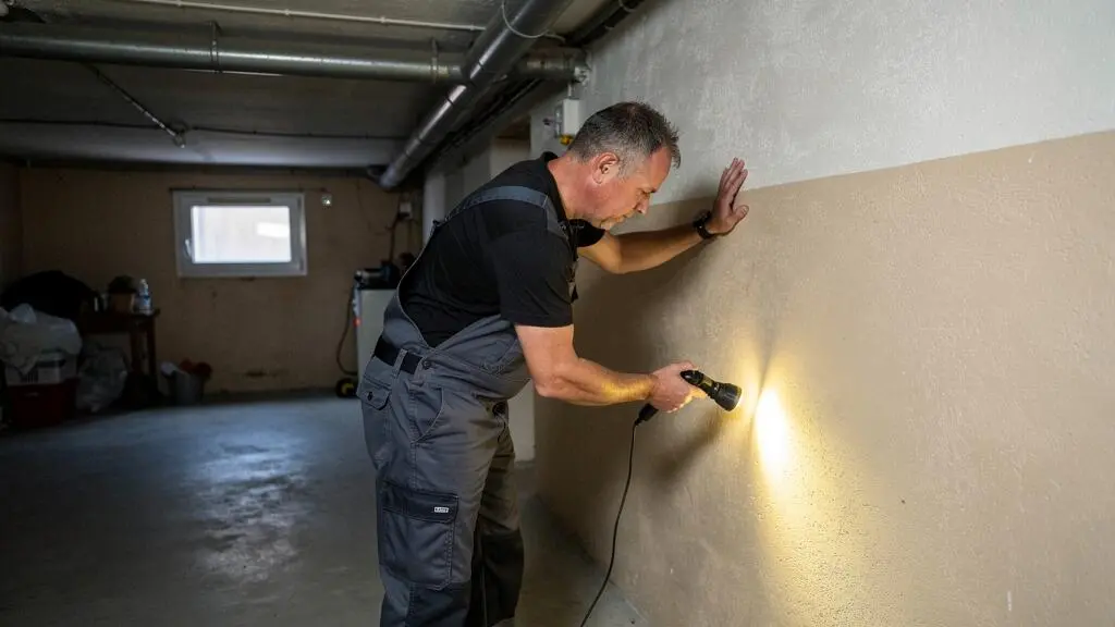 Professionnel inspectant avec une lampe torche les points d'entrée potentiels des rongeurs dans un sous-sol de maison française