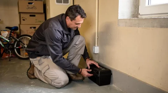 Technicien professionnel installant un poste d'appâtage sécurisé verrouillé dans le sous-sol d'une maison française